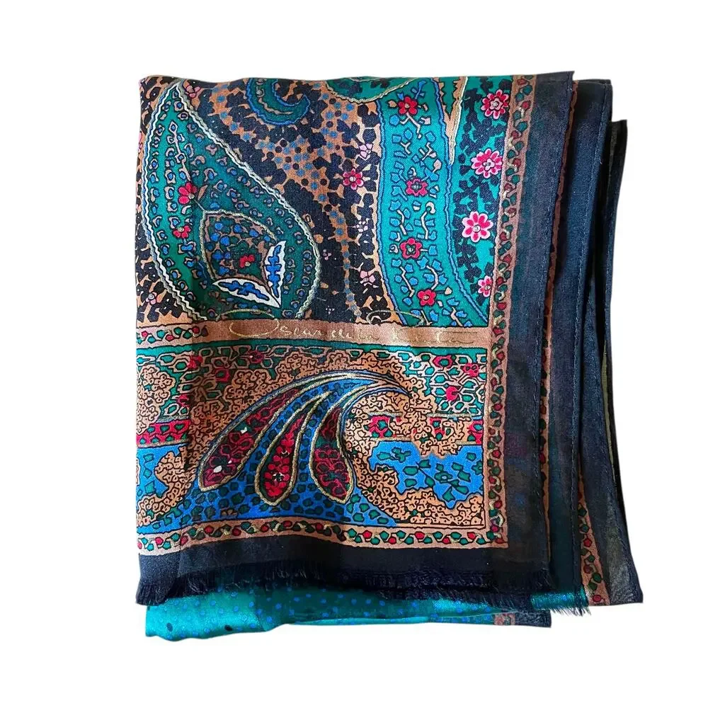 Oscar de la Renta Vintage Jewel Tone Paisley Metallic Gold Silk Fringe Scarf